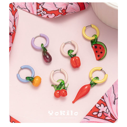 Stainless Steel Clip Cute Dopamine Dripping Oil Niche Fruit Handmade Ear Buckle
