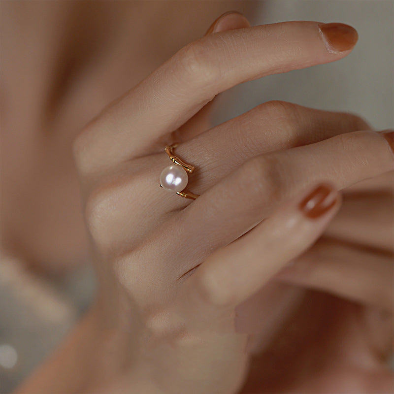 Women's Pearl Bamboo Light Luxury High Sense Design Simple Graceful Open Ring