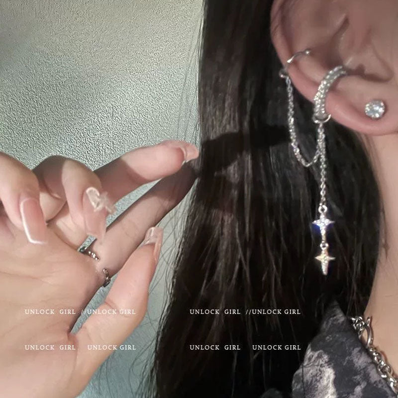 Women's Tassel Rhinestone Star Ear Clip One-piece Asymmetric Cold Style Earrings