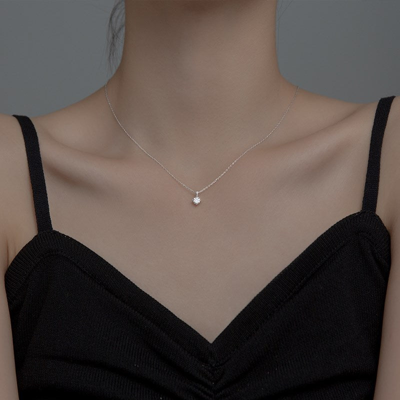 Sier Solitaire Simple Classic Style Clavicle Chain Diamond Inlaid Necklace