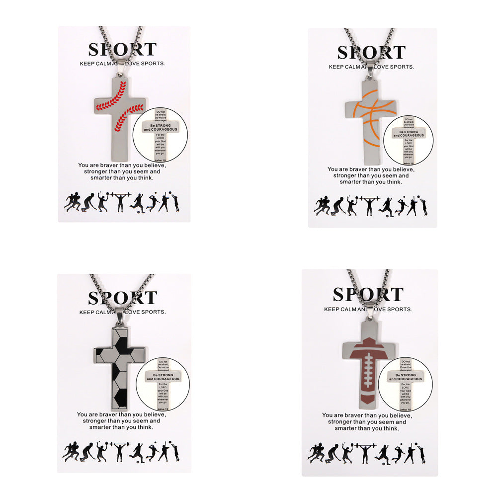 Football Stainless Steel Cross Inscription Sports Necklaces