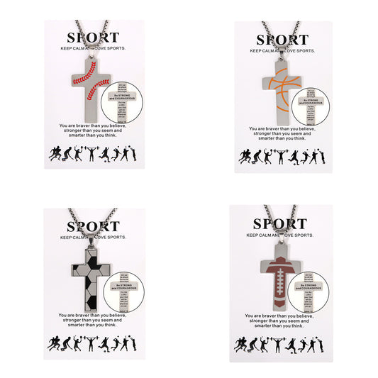 Football Stainless Steel Cross Inscription Sports Necklaces