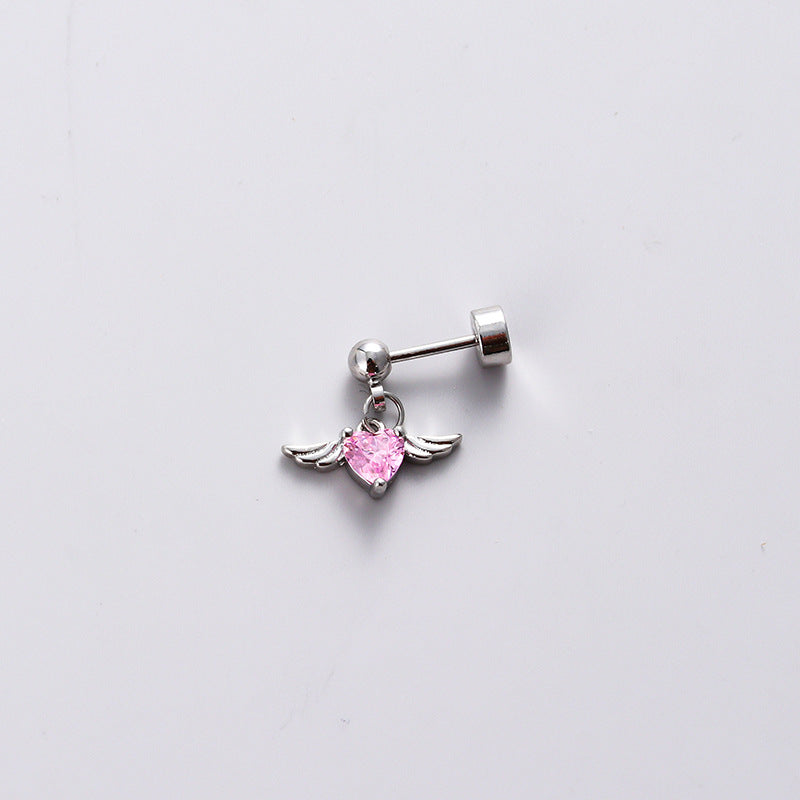 Titanium Steel Ear Bone Pink Heart-shaped Zircon Sweet Cool Earrings