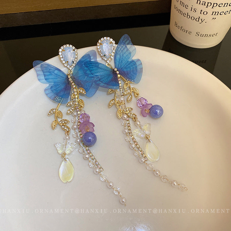 Sier Mesh Blue Butterfly Leaves Pearl Rings