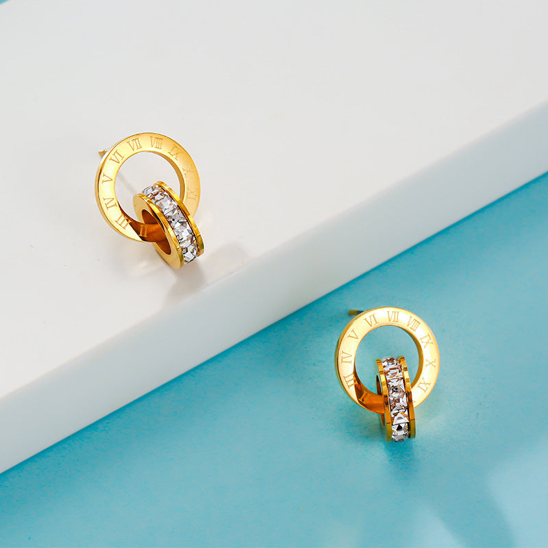 Diamond Creative Rose Gold Titanium Steel Female Double Earrings