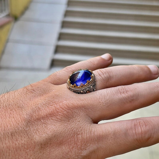 Men's Artisan Diamond Blue Gem Carved Vintage Rings