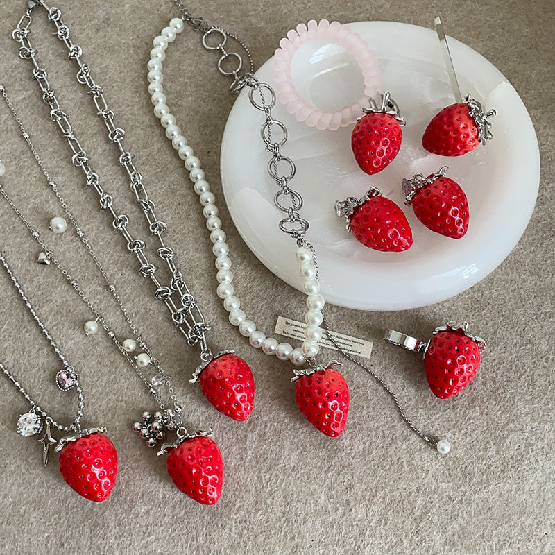 Sweet Cute Red Artificial Strawberry Ear Female Exaggerated Unique Necklace