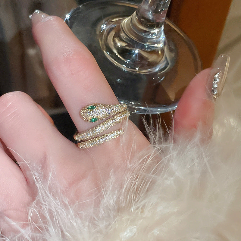 Women's Shining Diamond Snake-shaped Sier Open Advanced Texture Simple Trendy Cool Ring