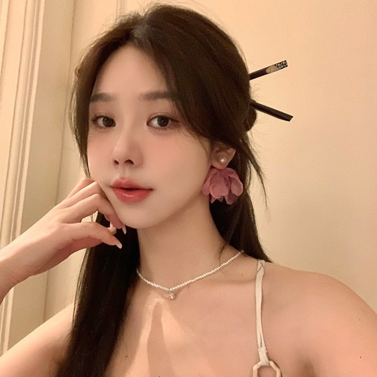 Summer Seaside Flower Chiffon Pearl High-grade Vacation Style Sier Earrings