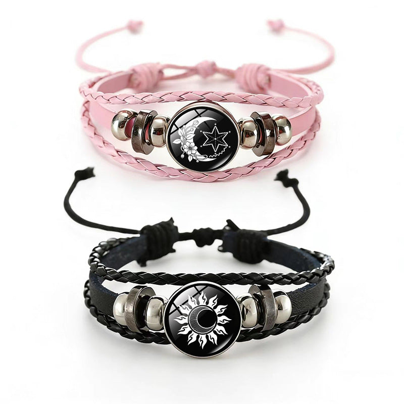 Sun Moon Lovers Time Stone Leather Unisex Woven Couple Gift Bracelet