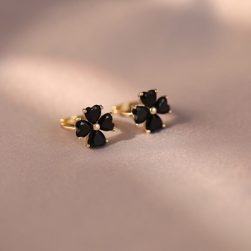 Women's Korean Style Niche Temperament Black Zircon Four-leaf Earrings