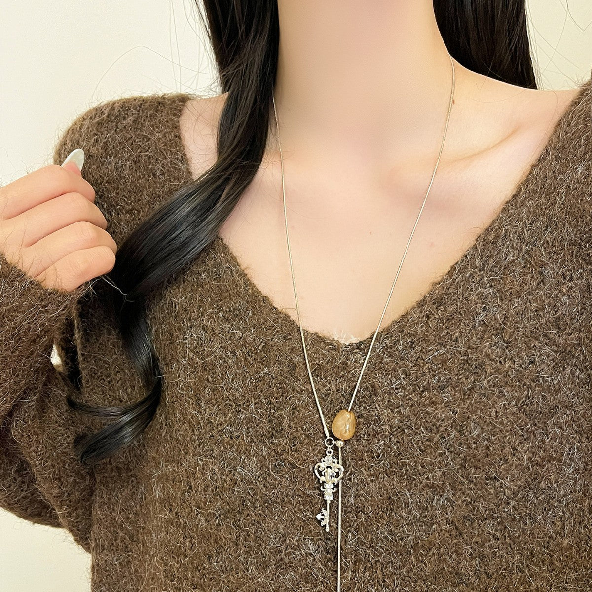Women's Metal Key Fashion Braided Rope Long Sweater Necklace