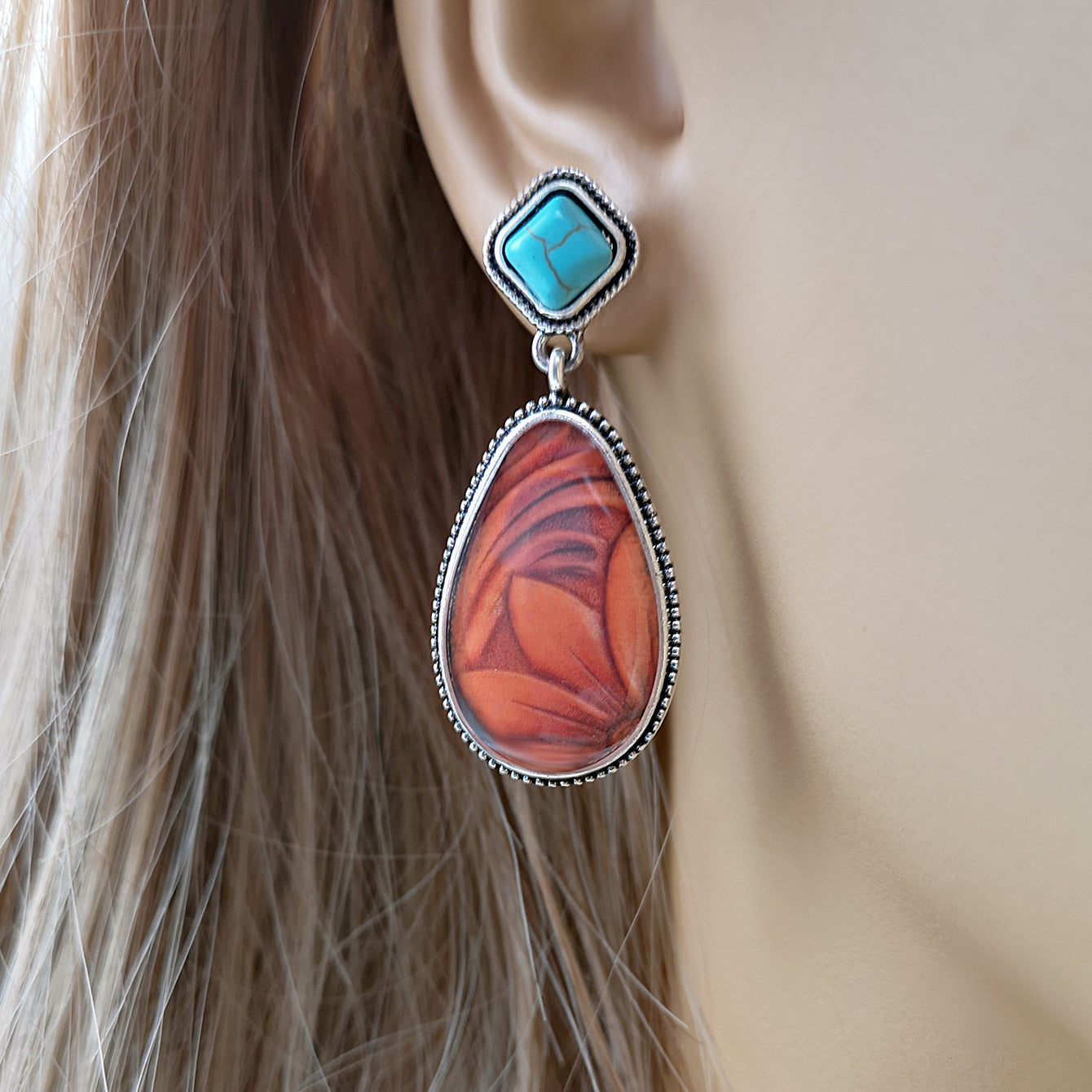 Fashion Brown Sunflower Retro Exaggerated Turquoise Earrings