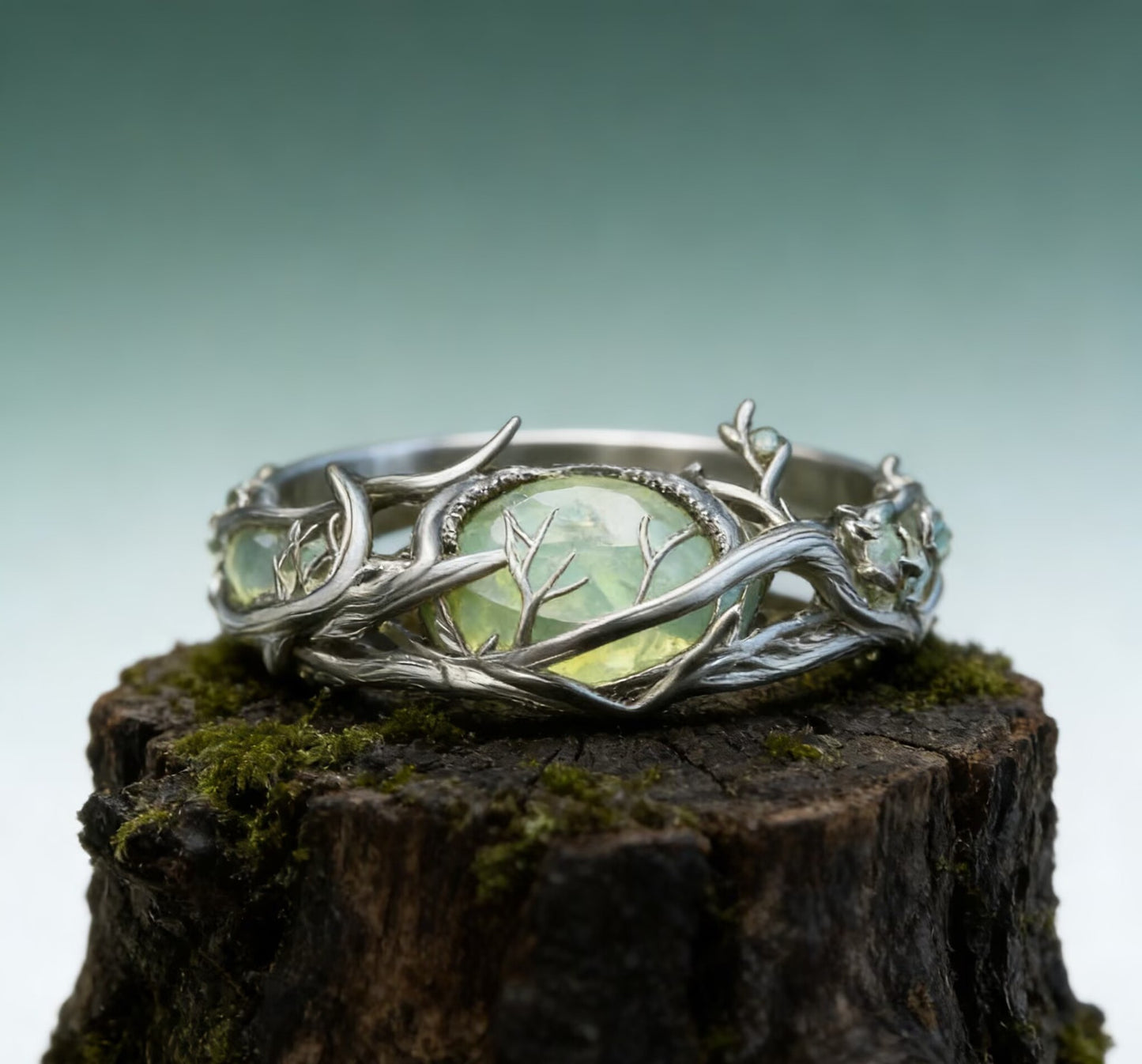 Craft Retro Personality Oval Jade Inlaid Malachite Branches Rings