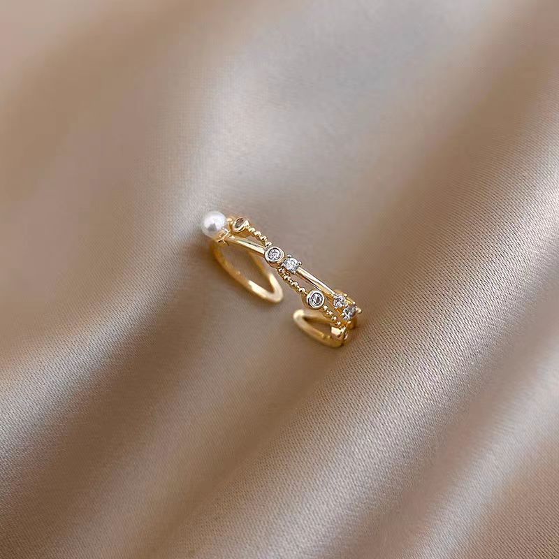 Simple Cross Pearl Female Niche Design Open Adjustable Index Finger Rings