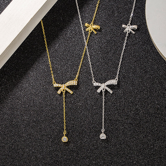 Sterling Sier Tassel Double Butterfly Design Jeweled Niche Clavicle Necklaces
