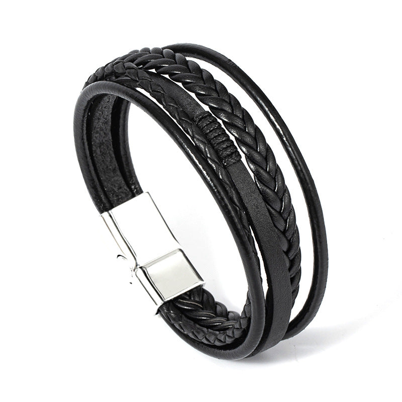 Men's Woven Alloy Magnetic Buckle Leather Rope Bracelets