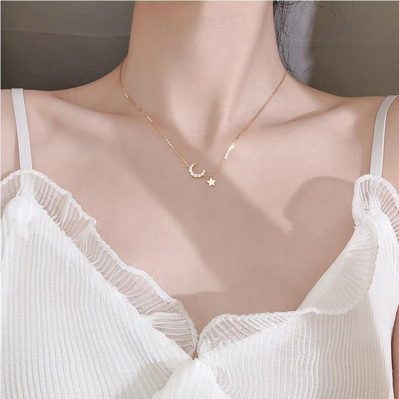 Women's Fairy Pastoral Style Diamond Moon Short Necklaces