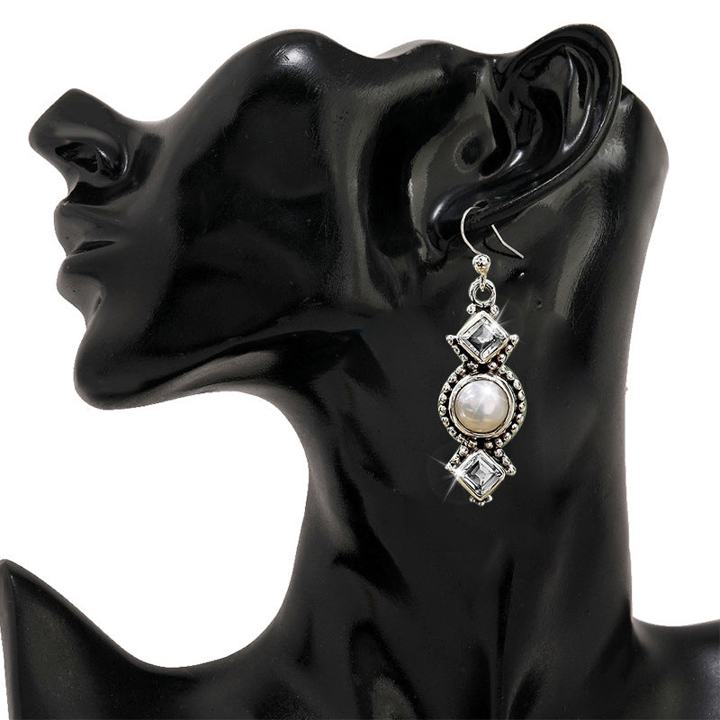 Women's Sier Pearl Plated Creative Square Diamond Olive Green Earrings