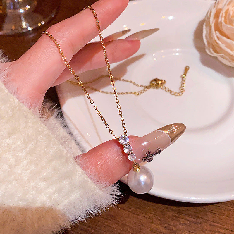 Women's Minority High-grade Simple Single Pearl Exquisite Micro Inlaid Zircon Titanium Necklaces