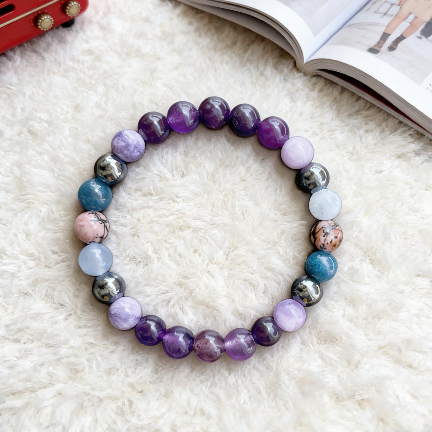 Amethyst Apatite Red Rose Handmade Beaded Bracelet