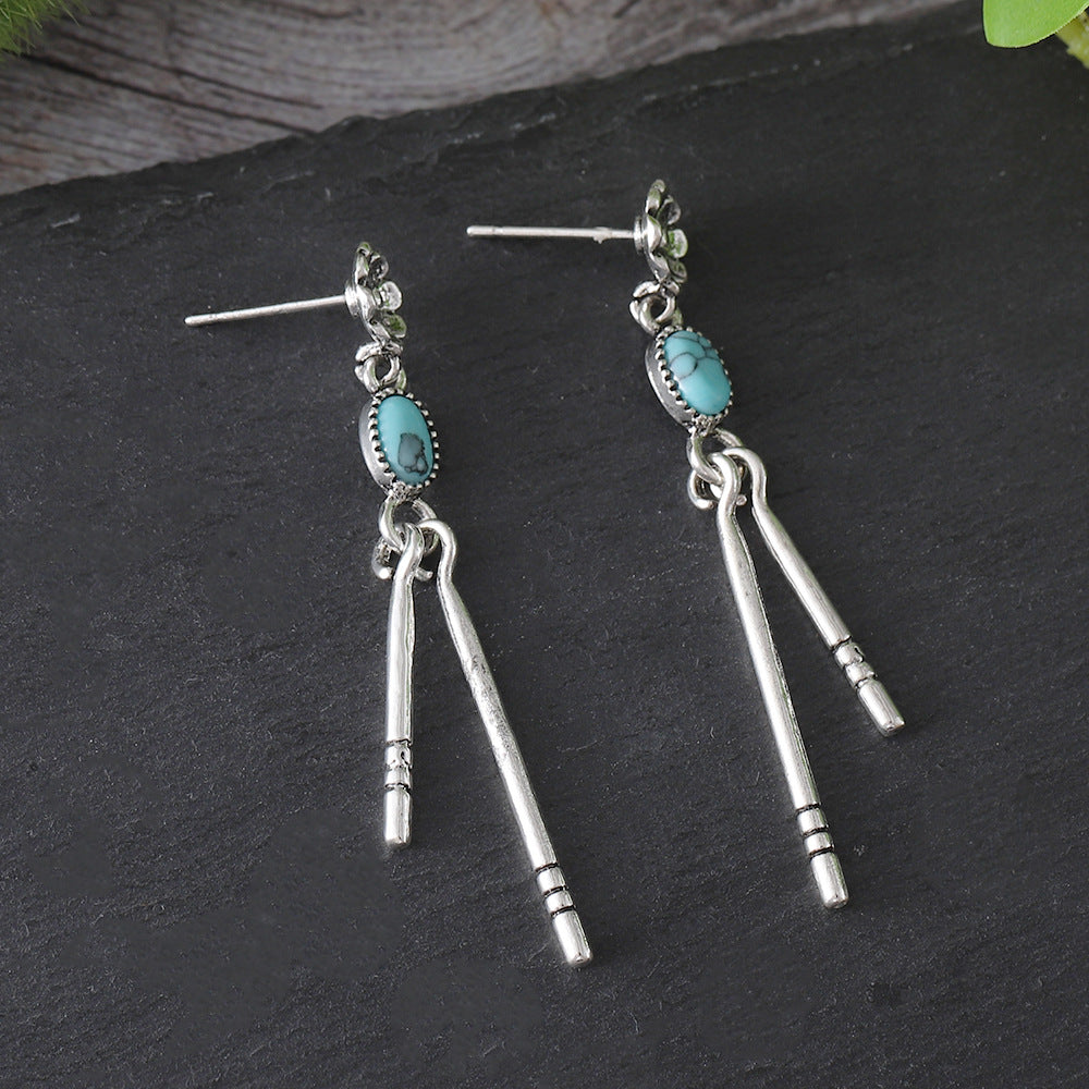 Simple Geometric Turquoise Tassel Vintage Flower Oval Earrings