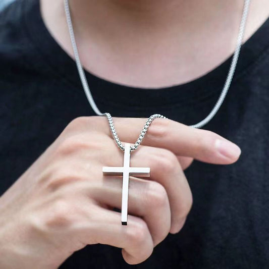 Men's Titanium Steel Glossy Cross Hip Hop Versatile Long Sweater Necklaces