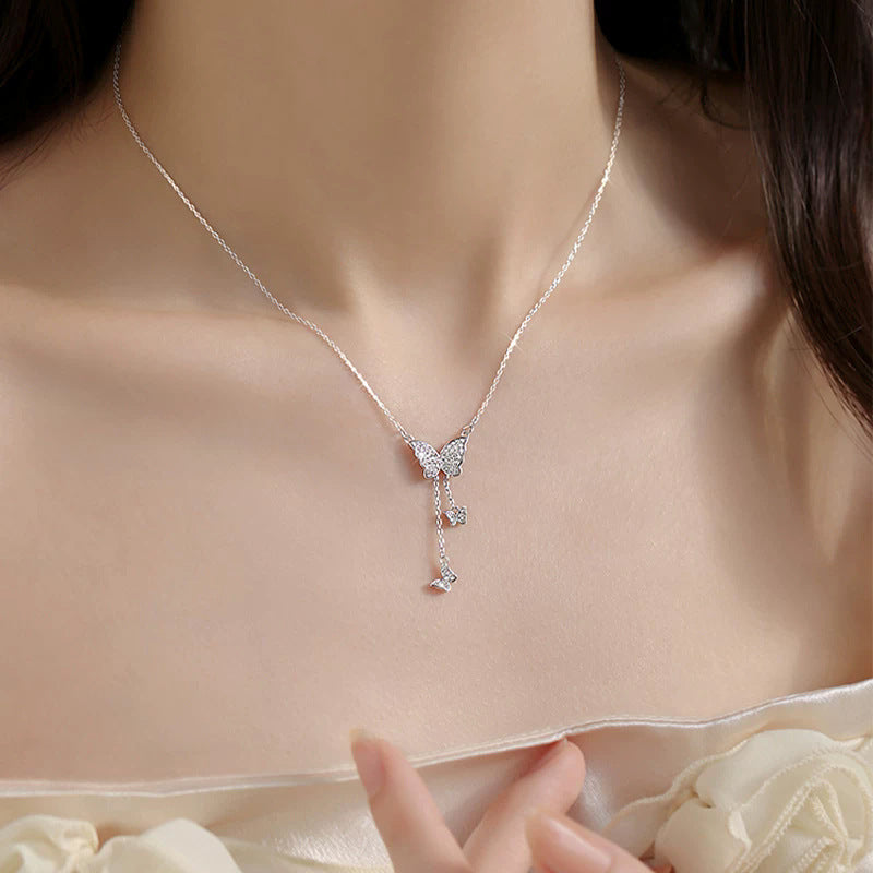 Women's Full Diamond Three Butterfly Tassel Design Sense Niche Style Light Necklaces