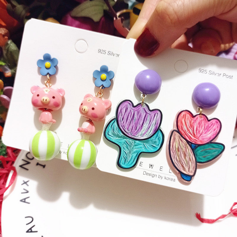 Women's Acrylic Iti Tulip Cute Ceramic Pink Pig Funny Personality Earrings