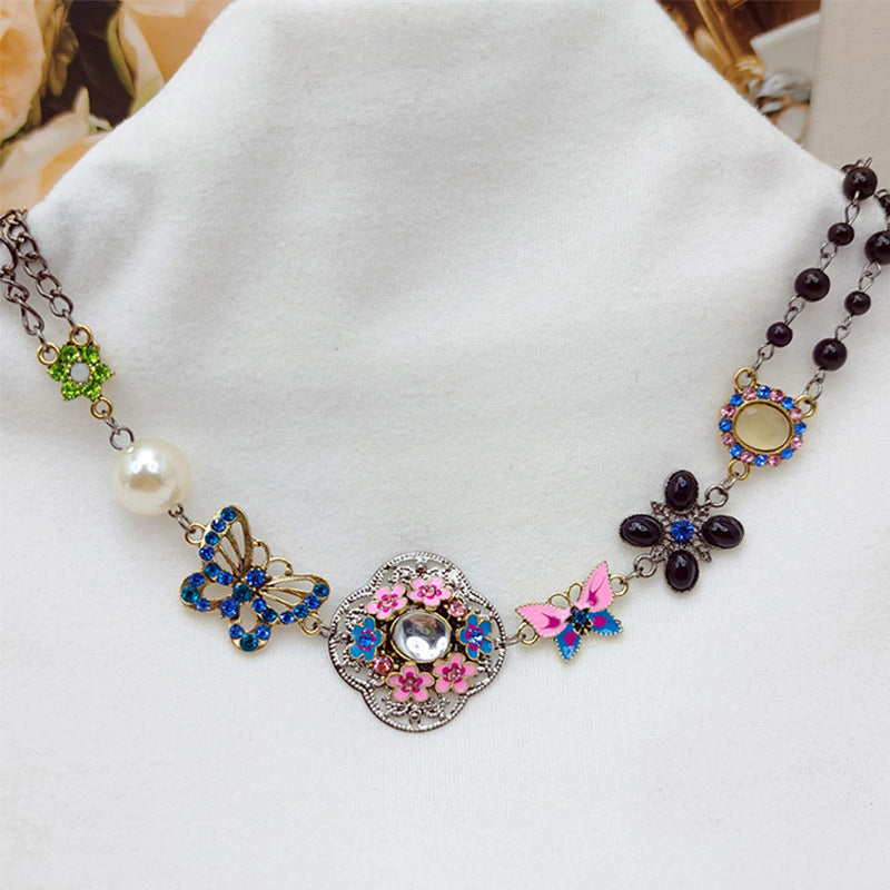 Rhinestone Butterfly Hollow Flower Pearl Short Necklaces