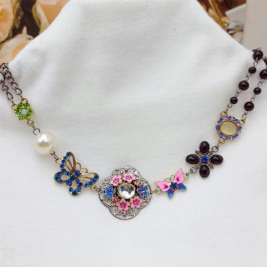 Rhinestone Butterfly Hollow Flower Pearl Short Necklaces