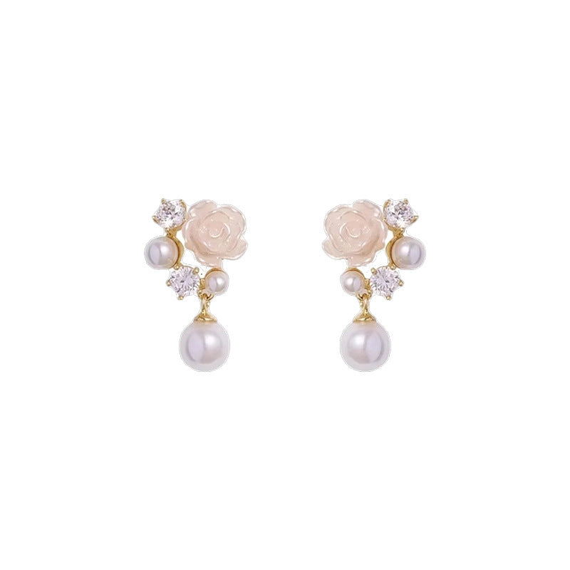 Women's Sier Needle Light Luxury Minority Pearl Flower For Trendy Fresh Stud Earrings