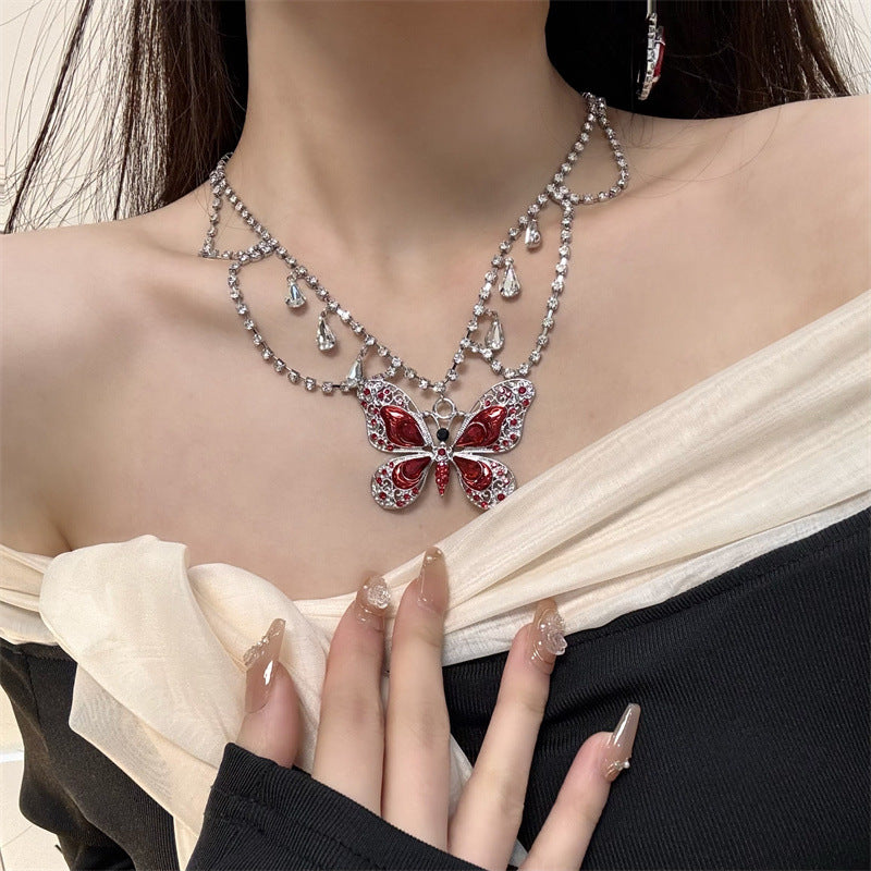 Red Butterfly Tassel Diamond Female Niche Temperament Necklaces