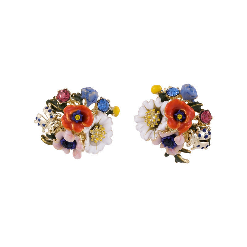 Enamel Glaze Flower Sier Needle Fashion Grass Drop Oil Asymmetric Earrings