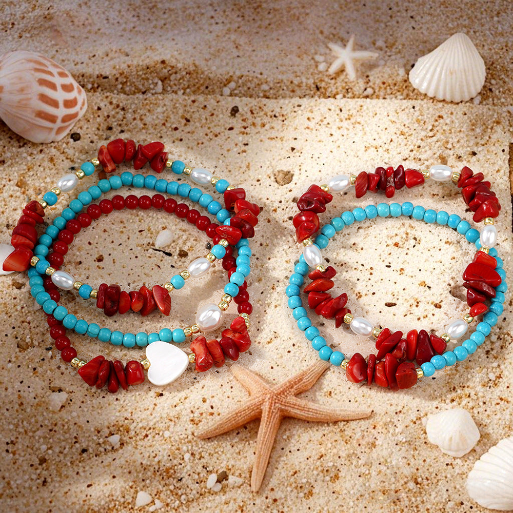 Summer Seaside Wear Red Coral Broken Pearl Heart Niche Design Bracelets
