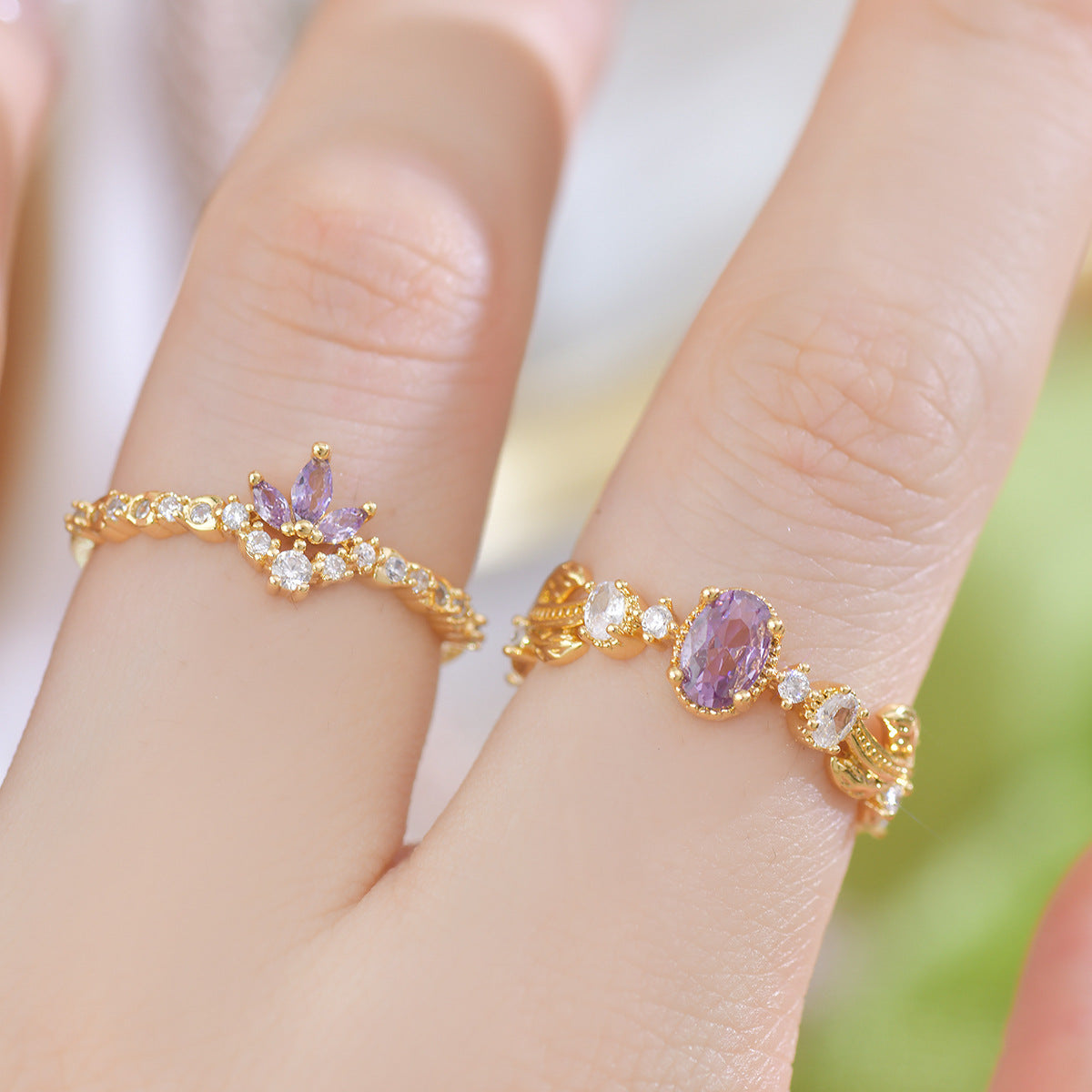 Vine French Style Design Purple Zircon Delicate Olive Green Rings