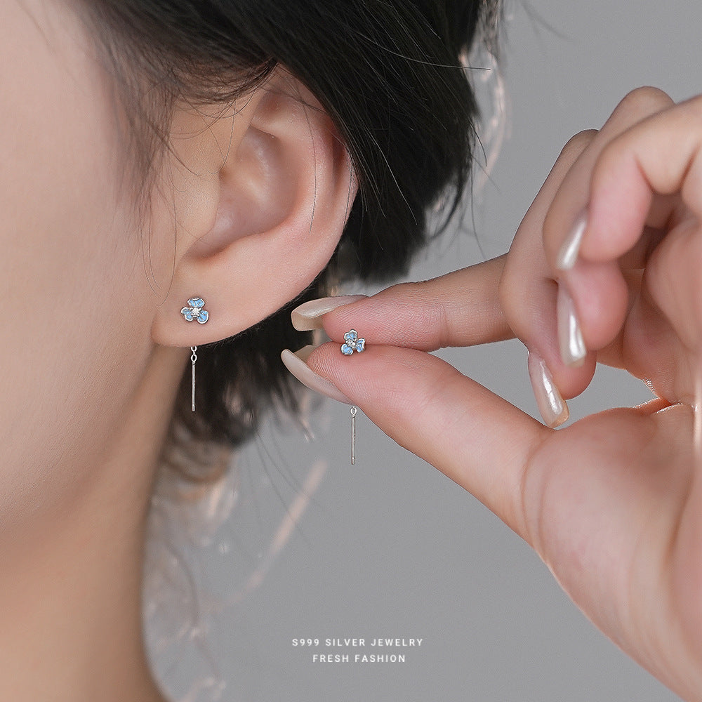 Women's Epoxy Blue Fresh Iris Flower Sterling Sier Korean Fashion Zircon Ear Line