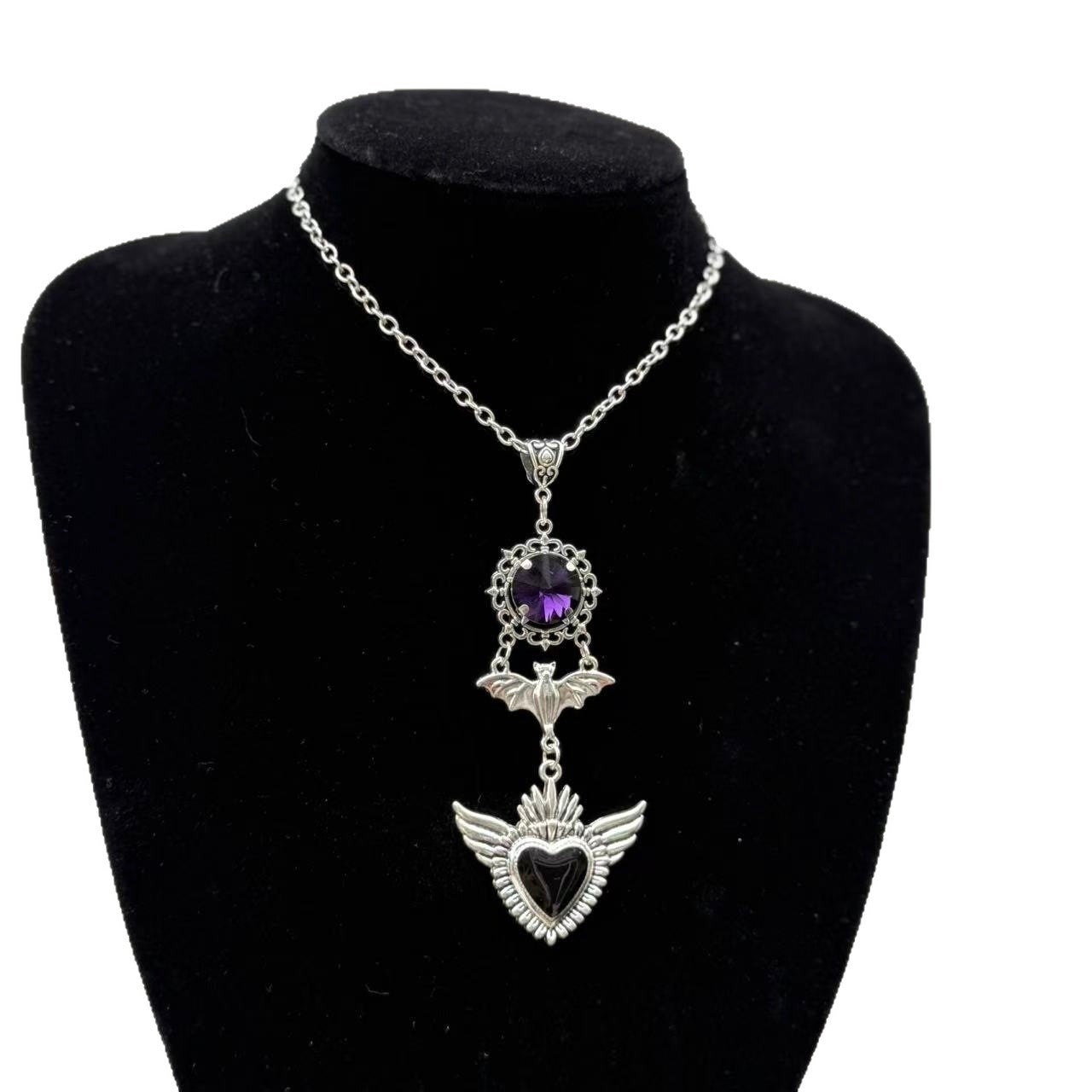 Dark Retro Black Love Wings Purple Gem Necklace