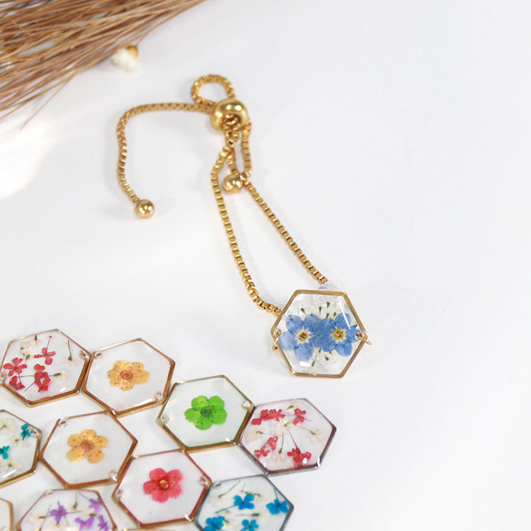 Hexagonal Dried Flower Gold Sier Colored Flowers Bracelets