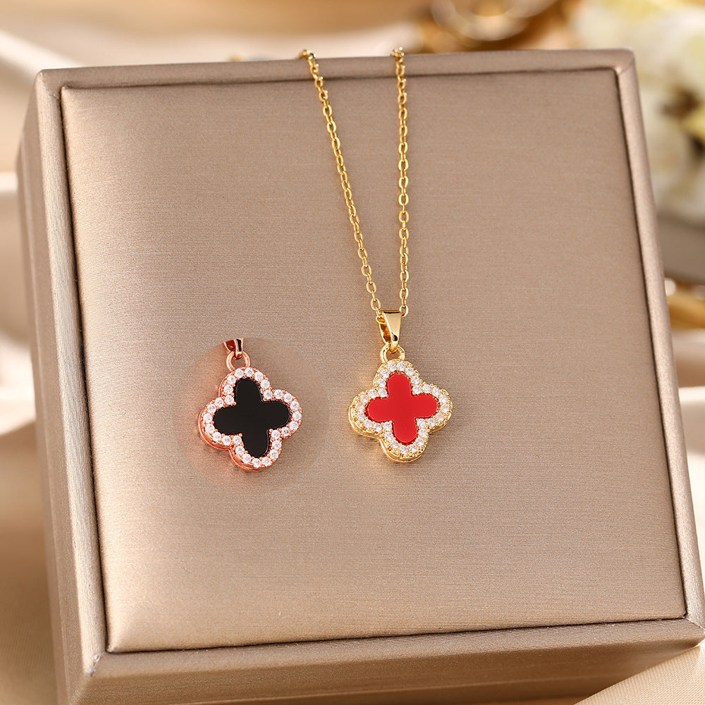 Women's Clover Black White Light Luxury Sweater Chain Double-sided Necklace