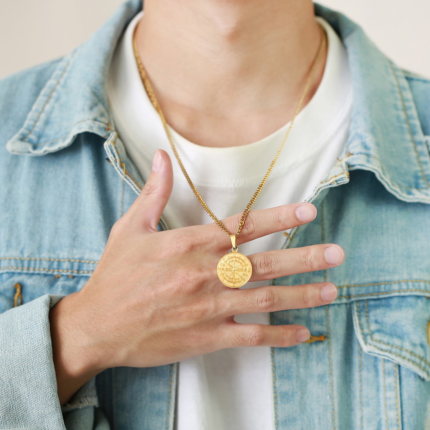 Men's Stainless Steel Compass Gold Coin Hip Pendants