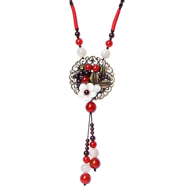 Women's Handmade Ethnic Sweater Chain Long Agate Decorations Clothes Necklace