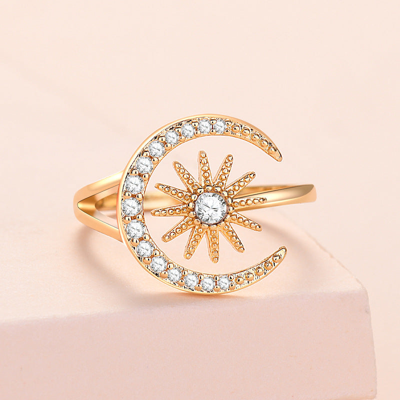 Sun Moon Female Fashion Small Creative Micro Inlaid Zircon Opening Rings