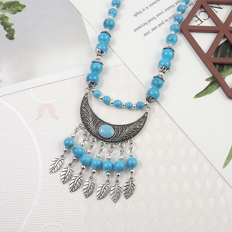 Retro Ethnic Style Crescent Leaf Tassel Forehead Exotic Necklace