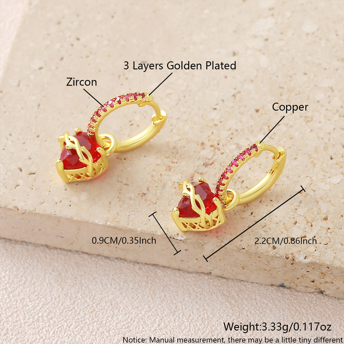 Women's Gold Red Love Heart Gem Thorn Inlaid Zircon Design Sense Earrings