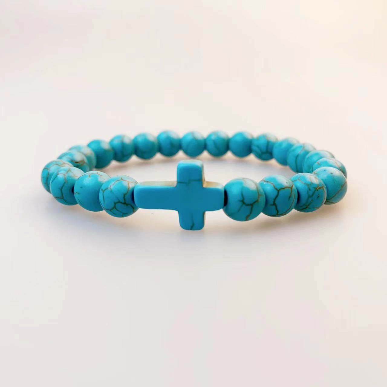 Natural Stone Cross Turquoise Beaded Elastic Couple Bracelet
