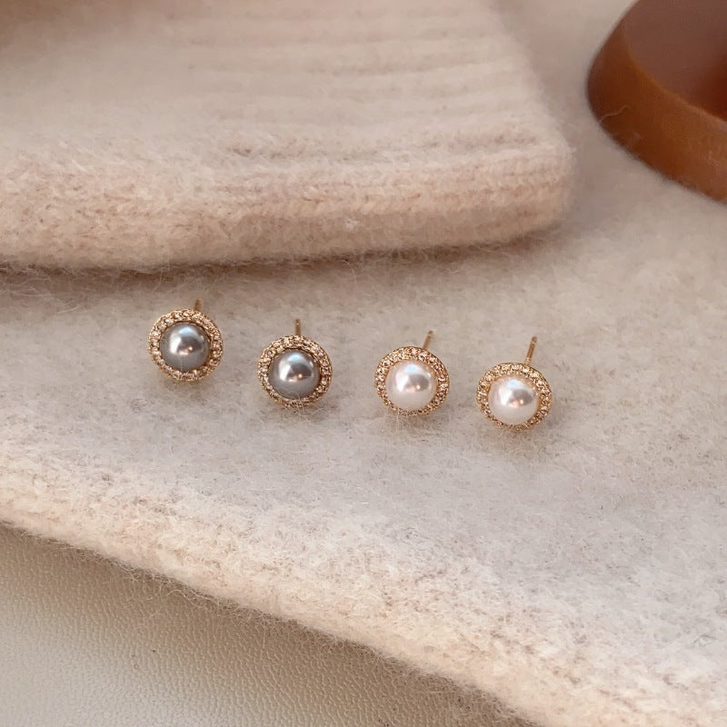 Small Pearl Ear Micro Inlaid Zircon Simple French Style Elegant Stud Earrings