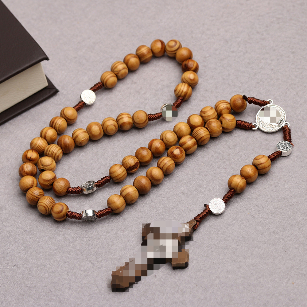 Cross Rosary Hand Knotted Wooden Bead Coffee Necklace