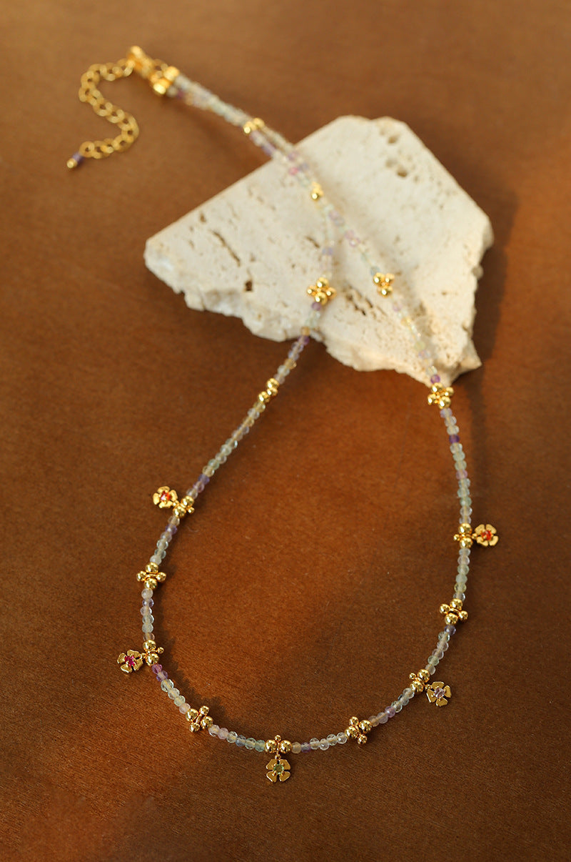 Women's Flower Colorful Natural Stone Tigereye Beaded Necklace