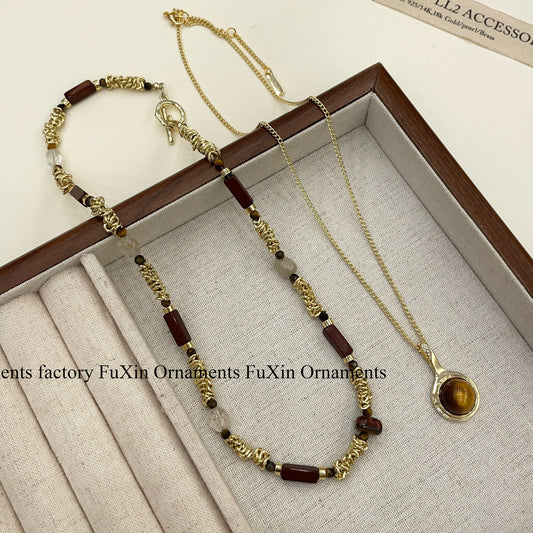 Women's Fashion Tigereye Metal Stitching Beaded Small Chinese Style Necklaces